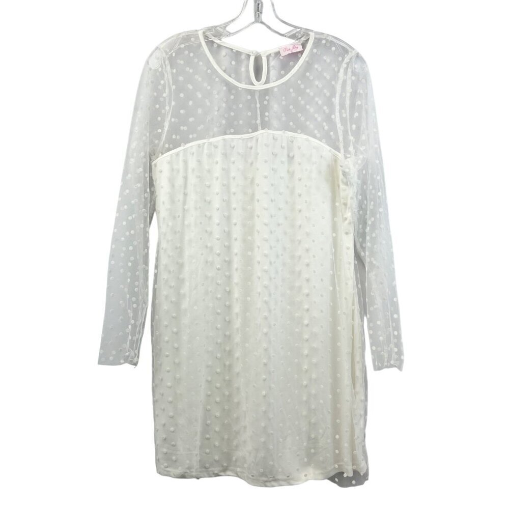Pink Lily Women’s Dotted Long Mesh Sleeve Lined Mini Shift Dress Ivory XL